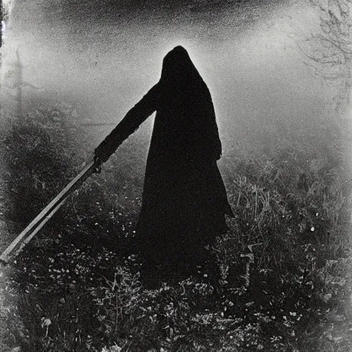 Prompt: death with a scythe on his shoulder walking surrounded by wandering souls, a house garden, night, fog, 1 9 0 0's photo