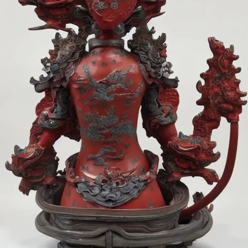 Prompt: museum angeline joile statue monument made from chinese porcelain brush face hand painted with iron red dragons full - length very very detailed by rutkowski symmetrical well proportioned