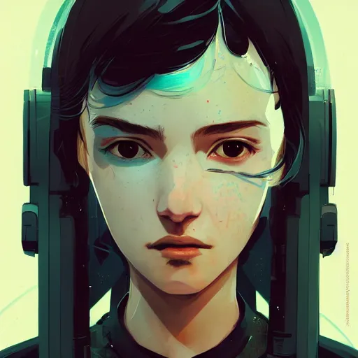 Prompt: Highly detailed portrait of a cyberpunk young lady with, freckles and wavy hair by Atey Ghailan, by Loish, by Bryan Lee O'Malley, by Cliff Chiang, by Greg Rutkowski, inspired by image comics, inspired by graphic novel cover art, inspired by nier!! Gradient color scheme, trending on artstation