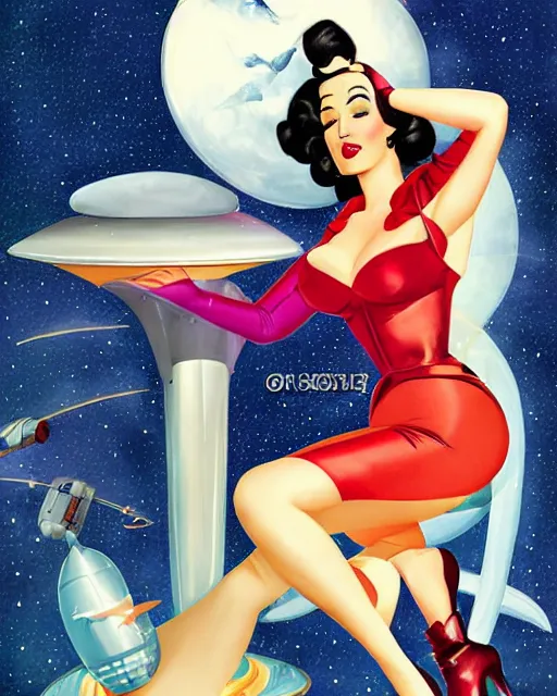 Image similar to retrofuturistic pinup model dita von teese as a varga girl posing on a space ship, in the style of anna dittmann and and alberto vargas.