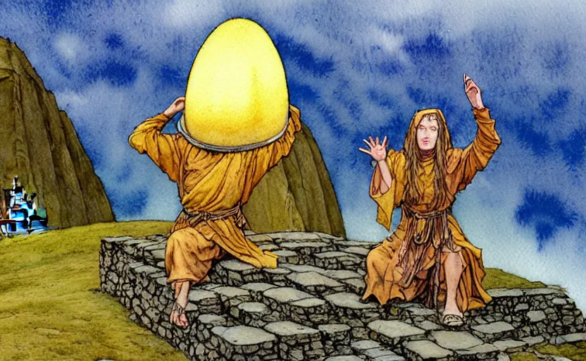 Prompt: a realistic and atmospheric watercolour fantasy concept art of a golden ufo landing on top of a machu pichu. female medieval monk in grey robes kneeling with her hands by her sides. by rebecca guay, michael kaluta, charles vess and jean moebius giraud