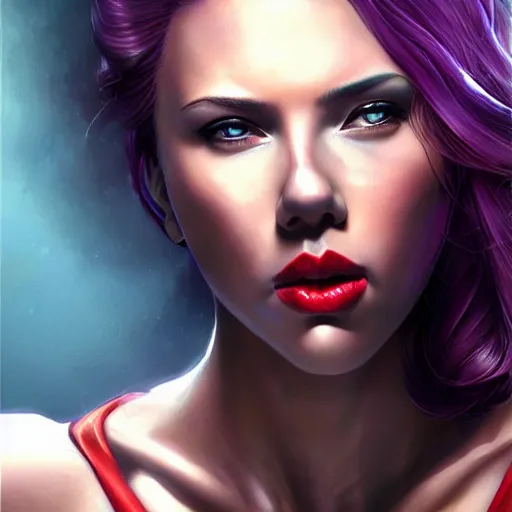 Prompt: scarlett johansson as thanos, feminine beautiful muscular fitness model wearing armor, dark purple skin, red lips, very strong jaw, pin up, attractive, highly detailed upper body portrait, pretty face, elegant, breathtaking art, concept art, by artgerm and ilya kuvshinov