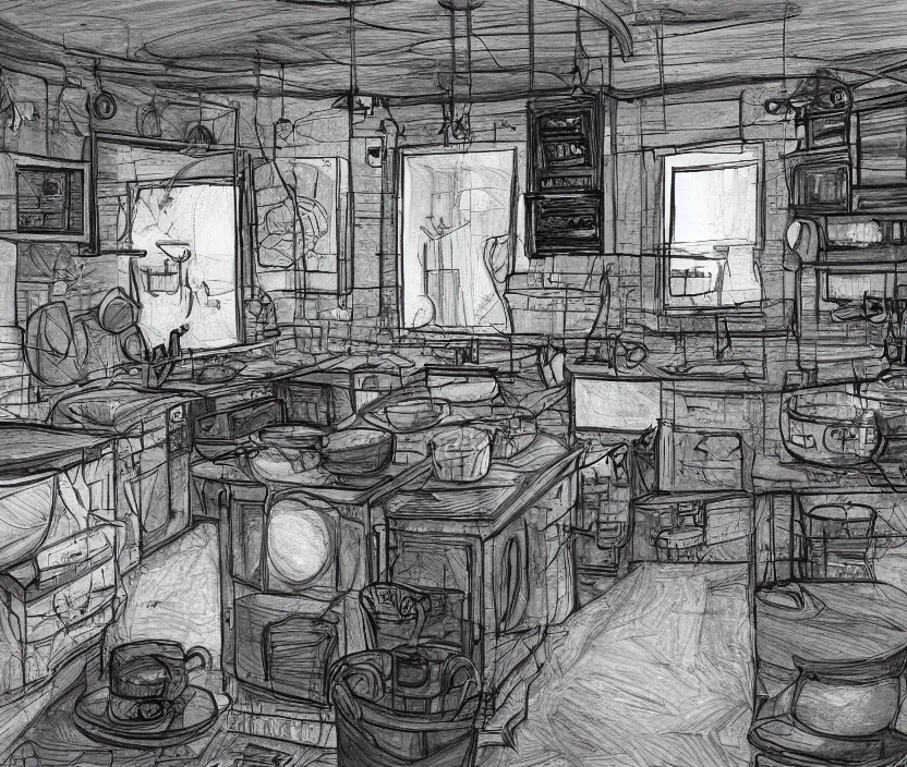 Image similar to An of interior of a kitchen at night, rotoscoped, rotoscope, photoshop, photomanipulation, realism, painting, illustration and sketch, weird scribbles, hybrid styles, hybrid art styles, mismatched, trending on artstation, trending on deviantart, weird, quirky, interesting, very detailed, highly detailed, HD Quality, 4k resolution, 8k resolution, in the style of David Firth, in the style of James Lee, in the style of Drue Langlois,