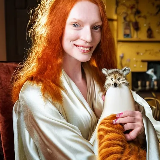 Image similar to a stunning hyper-detailed closeup portrait photo of a slender beautiful smiling woman with long ginger hair and bangs, wearing a luxurious silk robe, wearing headphones and posing with her large ginger tabby cat and her raccoon and parrots in an overstuffed easy chair in her sunlit victorian living room, holding a porcelain parrot-shaped coffee mug and a donut, perfect eyes, fashion photography, octane render, unreal engine, 85 mm lens,