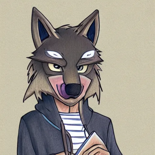 Image similar to anime style colored pencil sketch of an anthropomorphic wolf fursona furry male character wearing a hoodie, notebook drawing, realisitc photo