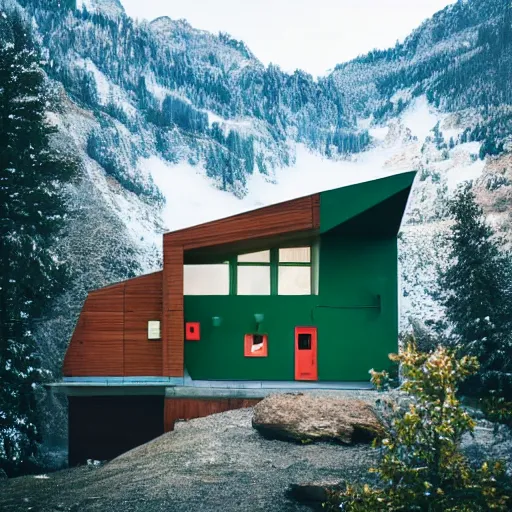 Image similar to wes anderson style modern futuristic house near the lake, snowy mountains and green forest, cinematic, realism, photo, detailed