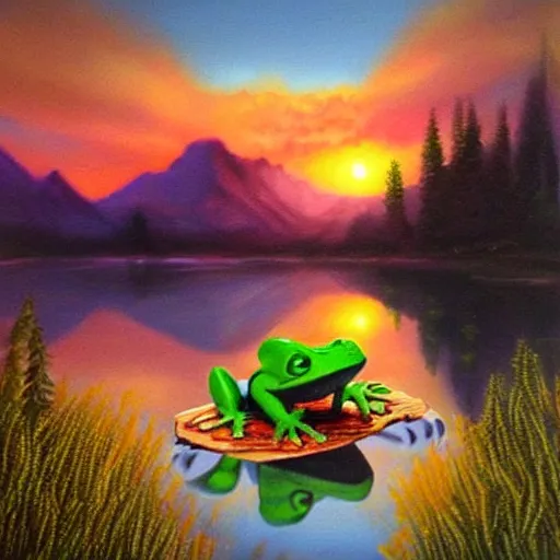 Prompt: frog that looks like bob ross painting a beuatifull painting of a river in the mountains and a beautiful sunset, photorealistic