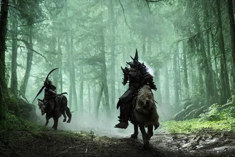 Image similar to vfx movie closeup detailed ancient armored warrior orc hunting riding large wolf in the forest, natural lighting by emmanuel lubezki