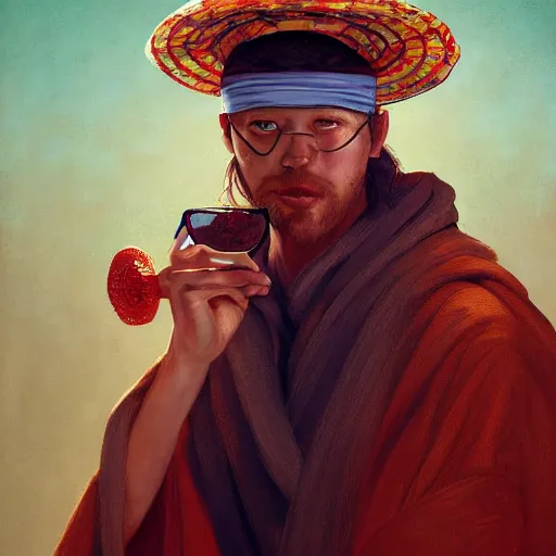 Image similar to portrait of a blindfolded man in baggy multicolored robes and a large straw hat, detailed face, highly detailed, cinematic lighting, digital art painting by greg rutkowski