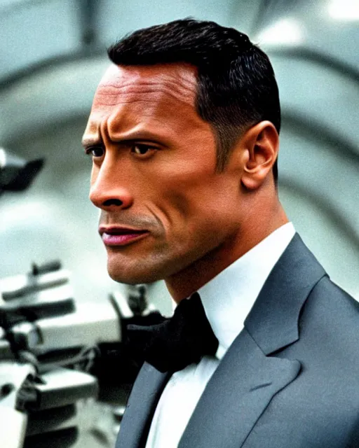 Image similar to Film still close-up shot of Dwayne Johnson as James Bond from the movie Goldeneye. Photographic, photography