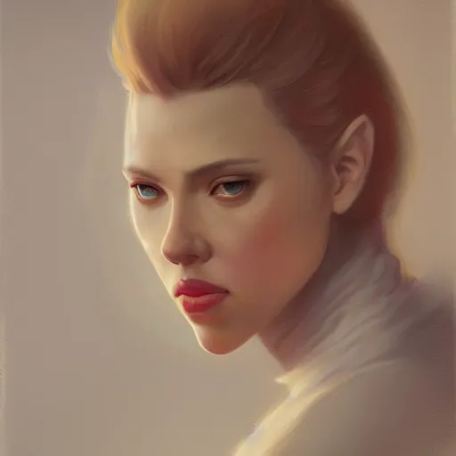 Image similar to a movie still frame, of scarlett johansson as a female elf, oil on linen, beautiful painting, by tooth wu, artgerm, fantasy concept art portrait, by bayard wu, trending on artstation,