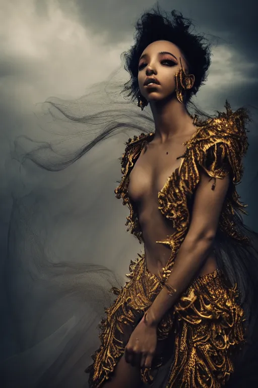 Image similar to photoshoot of tinashe as mysterious dark goddess of death, realism, clouds, swirling fabric, elaborate ornate growth, gilded relief, volumetric lighting, light shafts, ambient light, trending on artstation, by alessio albi