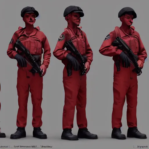 Image similar to ( glowing red zombie ) security officers beige!! uniform and caps trending on artstation very realistic proportional accurate high detail 4 k 8 k hd