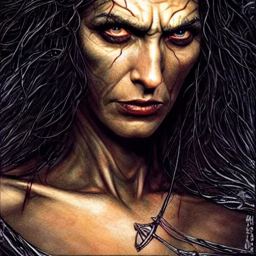 Image similar to head and shoulders portrait of an evil, black - skinned night hag portrayed by gal gadot, d & d, fantasy, luis royo, magali villeneuve, donato giancola, wlop, krenz cushart