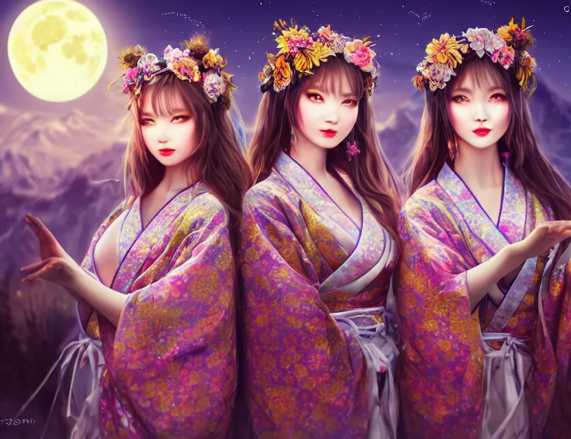 Image similar to two beautiful alluring siberian girls wear fantasy kimono in festival | | sunny night, full moon, dreamlike art, realistic shaded, smile, good looking, hyper details, 4 k realistic, cryengine, realistic shaded lighting poster by artgerm, ross tran, fuji choko, 8 k resolution, trending on artstation, luxury