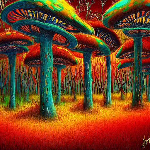 Prompt: mushroom forest, alex gray, digital art, impressionist