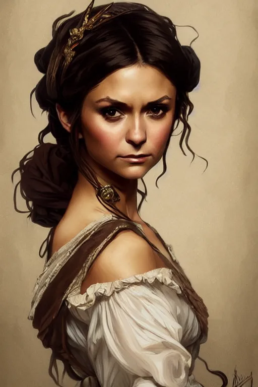 Prompt: Nina Dobrev dressed in a victorian fashion, D&D, fantasy, intricate, elegant, highly detailed, digital painting, artstation, concept art, matte, sharp focus, illustration, art by Artgerm and Greg Rutkowski and Alphonse Mucha