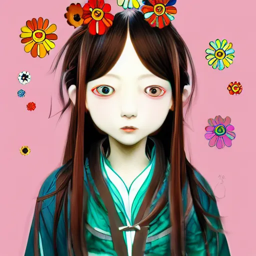 Prompt: a portrait of a girl by takashi murakami, aya takano color style, 4 k, super detailed