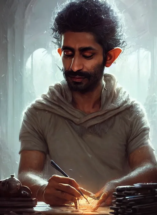 Image similar to Portrait of Indian Scruffy haired male biopunk scientist with elven ears, He is working on trinkets on a table, realistic, detailed, 4k by Greg Rutkowski Mark Arian trending on artstation