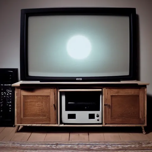 Image similar to a completley dark room with an old tv in the middle giving off a faint glow,