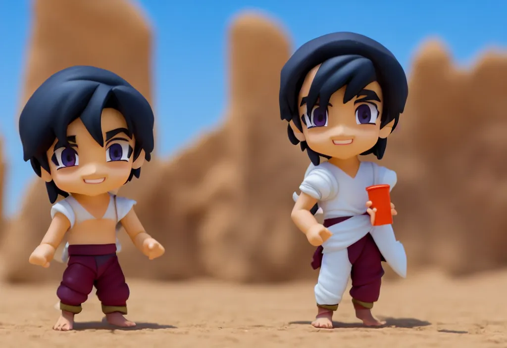 Image similar to young aladdin as nendoroid running in desert village, 8 k hd dof, kodak film,