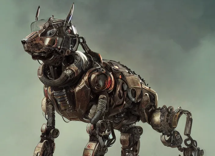 Image similar to detailed full body concept art illustration oil painting of a robotic animal with intricate fur and armor, ultra detailed, digital art, octane render, dystopian, zero dawn, 4k