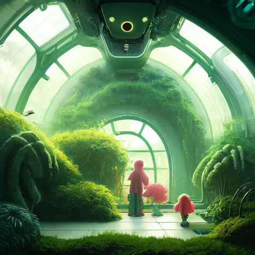 Prompt: , little child and grandma in sci - fi green house, spaceship, plants, stephen bliss, misty, unreal engine, pixar, fantasy art by greg rutkowski, loish, ferdinand knab, and lois van rossdraws, global illumination, radiant light, minimalist, detailed and intricate environment