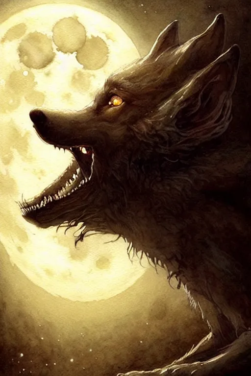Prompt: werewolf and the full moon | esoteric symbolism | jean - baptiste monge, esao andrews, bastien lecouffe - deharme, tim jacobus, ken currie | ultra - detailed realism, soft cinematic lighting, hi - fructose, artstation, high - quality, ink watercolors wes anderson poster art
