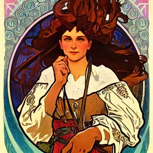 Image similar to wild west hero, painted by alphonse mucha