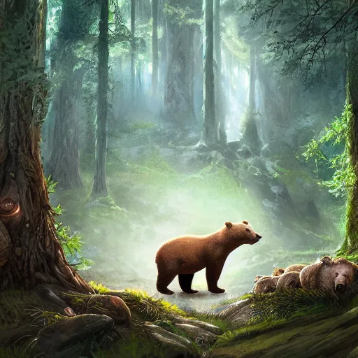 Image similar to elven druid summoning bears in the forest, d & d inspired, trending on artstation, ultra fine detailed, hyper detailed, hd, concept art, digital painting