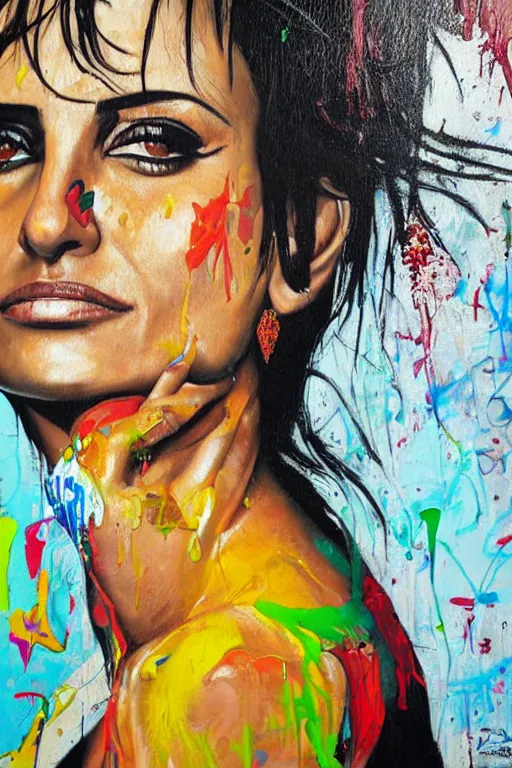 Image similar to oil painting, portrait of penelope cruz, wall with graffiti, splash painting, by bansky