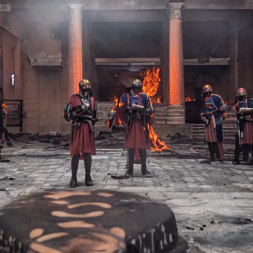 Prompt: cinematic shot of Legatus Lanius surrounded by ancient Roman soldiers standing inside of a burning casino, 8k, epic, dslr,