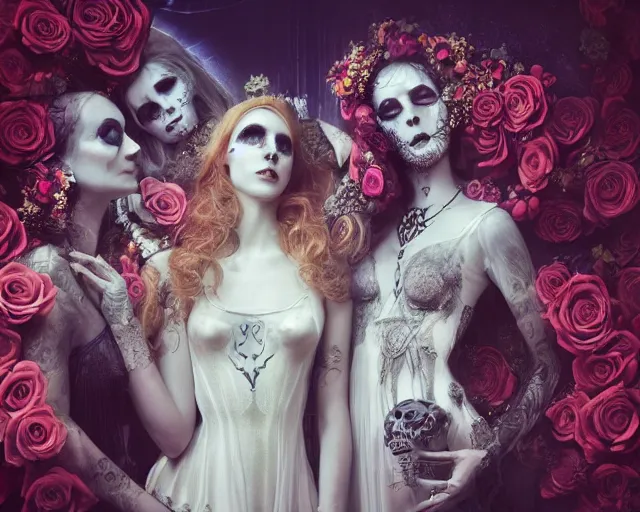 Image similar to three stunning otherworldly gothic goddesses of beauty wearing psychedelic wicca and skulls, in wedding dresses, red neon roses, full body, dark and mysterious, atmospheric, ominous, eerie, cinematic light, epic, 8 k 3 d, ultra detail, ultra realistic, by giger, by wlop