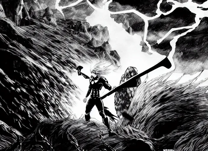 Image similar to thor with blond hair catches lightning and holds an ax in an epic battle with storm clouds with faces monsters by tsutomu nihei, black and white, epic battle background, comic, cinematic