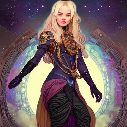 Image similar to full portrait of space pirate played by a woman who is a perfect mix of lalisa gray and dove cameron, fantasy, d & d, intricate, detailed, by by alphonse mucha, adolfo hohenstein, alice russell glenny, stanley artgerm lau, greg rutkowski, detailed, trending on artstation, trending on artstation, smooth