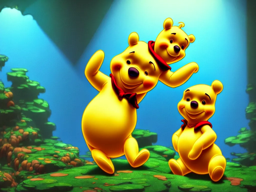 Image similar to the beautiful cartoon animation render a single lovely winnie the pooh wearing paper diapers, pop art, perfect shadow, atmospheric lighting, hyper detailed, underwater world, in the style of makoto shinkai, raphael lacoste louis comfort tiffany, artgerm, karol bak, james jean, ross tran, 8 k hd, fine texture structure, 3 drender