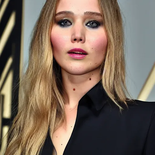 Image similar to a woman who is a genetic combination of jennifer lawrence and elizabeth olsen face and upper - body focus