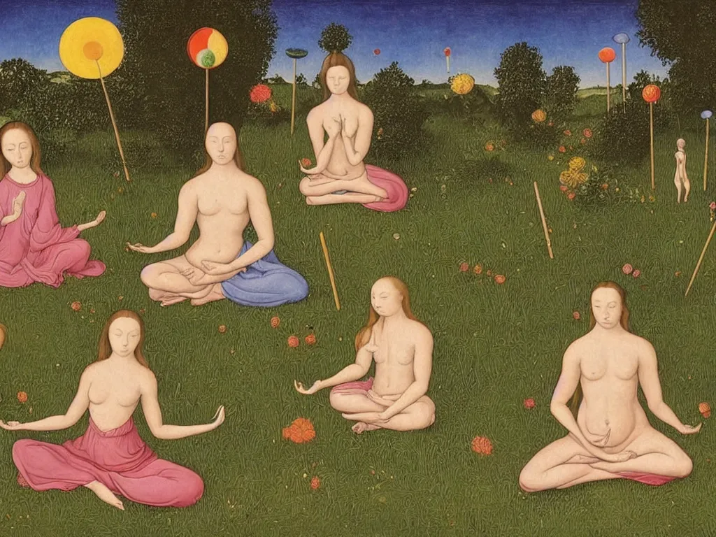 Prompt: two woman and two men meditating in the grass. cosmic lollipop. painting by lucas cranach, moebius