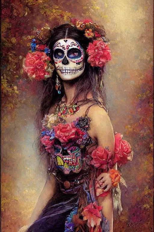 Prompt: illustration of a sugar skull day of the dead girl, art by gaston bussiere