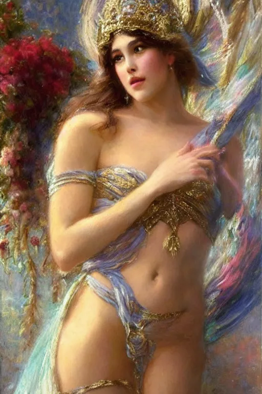 Image similar to hailey steinfeld as the goddess aphrodite. art by gaston bussiere.