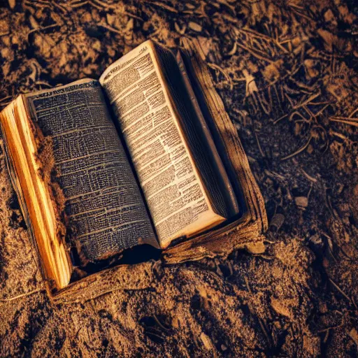 Image similar to a bible half buried and dusty in the ground, seen in a 7 0 mm macro lens