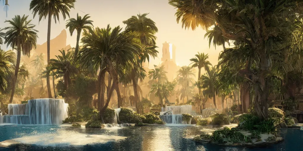 Image similar to beautiful oasis waterfalls surrounded by palm trees, moroccan tile archways, date trees, ivory towers, sun setting, ross tran, nephilim, pyroclastic flow, ethereal, fantasy, james jean, oozium, peter morbacher angelarium alchemy luxury heavenly light soft illumination, trending on artstation, cinematic lighting, digital painting, octane render, artgerm