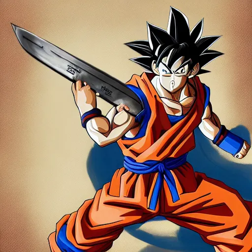 Image similar to goku, Holding Chainsaw man, Trending on Artstation, Hiroaki Tsutsumi style