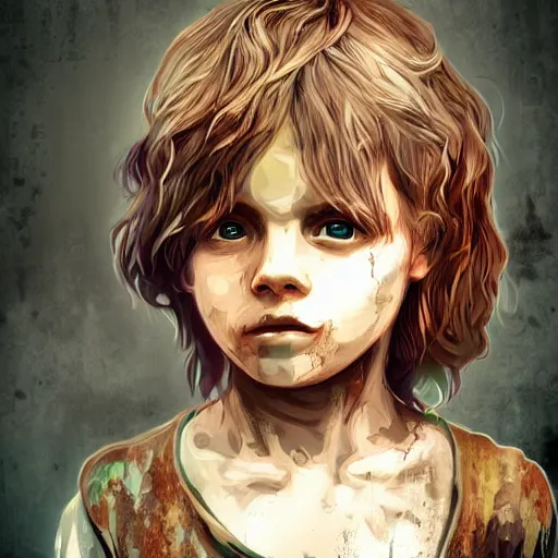 Image similar to detailed half body digital art for a game of a beautiful child wearing ragged, heavy and ruined clothes. the background is dark. dramatic camera angle