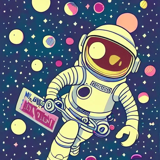 Prompt: colorful pixar, mcbess illustration, an astronaut drifting through space