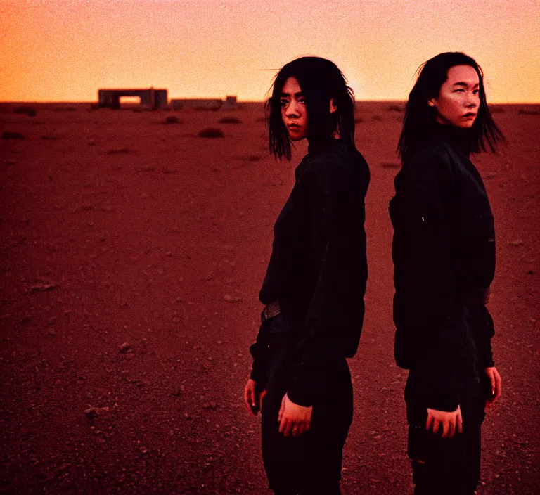 Prompt: cinestill 5 0 d 3 5 mm photographic portrait of two loving female androids wearing rugged black techwear on a desolate plain with a red sky, lizard on ground, cyberpunk style, a brutalist dark metal facility in background, dust storm, 8 k, high resolution, f / 3. 2, ultra realistic faces