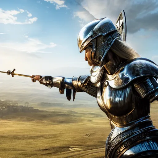 Image similar to A valkyrie clad in armor; pointing her spear in the sky, 4k resolution, sunlight, norse, photorealistic detail, battlefield, destruction,