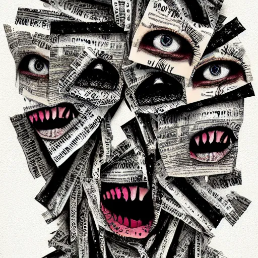 Image similar to multiple faces shredded like paper news scared, dark horror, surreal, drawing, painting,