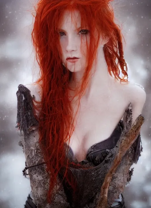 Image similar to award winning 8 5 mm portrait photo of a redhead in a part by luis royo.