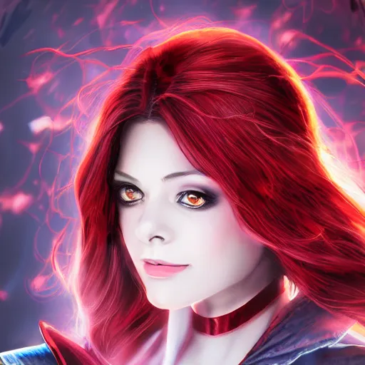 Image similar to Elizabeth as Scarlet Witch portrait, male anime style, illustrated by Avetetsuya Studios, intricate, detailed, photorealistic, trending on artstation, studio lighting, 4k, 8k